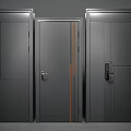 Three Modern Dark Gray Security Doors With Orange Middle Stripe And Various Lock Designs