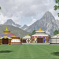 Colorful Traditional Yurt Garden Ornaments With Yellow Roofs Green Grass And Mountain Background