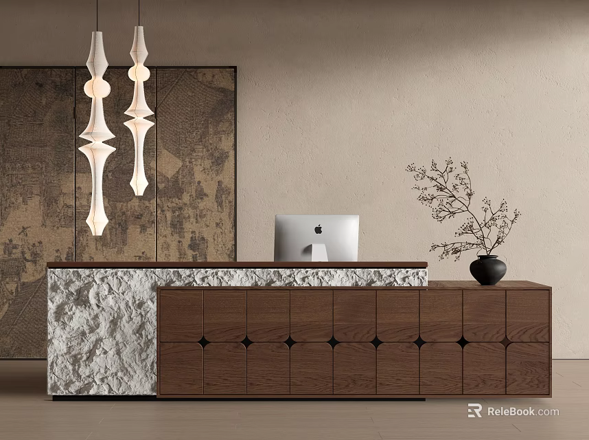Modern Reception Desk With Wooden Cabinets Stone Countertop Computer Monitor Pendant Lights And Potted Plant 3d model 