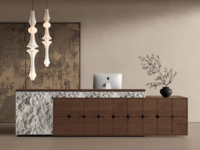 Modern Reception Desk With Wooden Cabinets Stone Countertop Computer Monitor Pendant Lights And Potted Plant 3d model