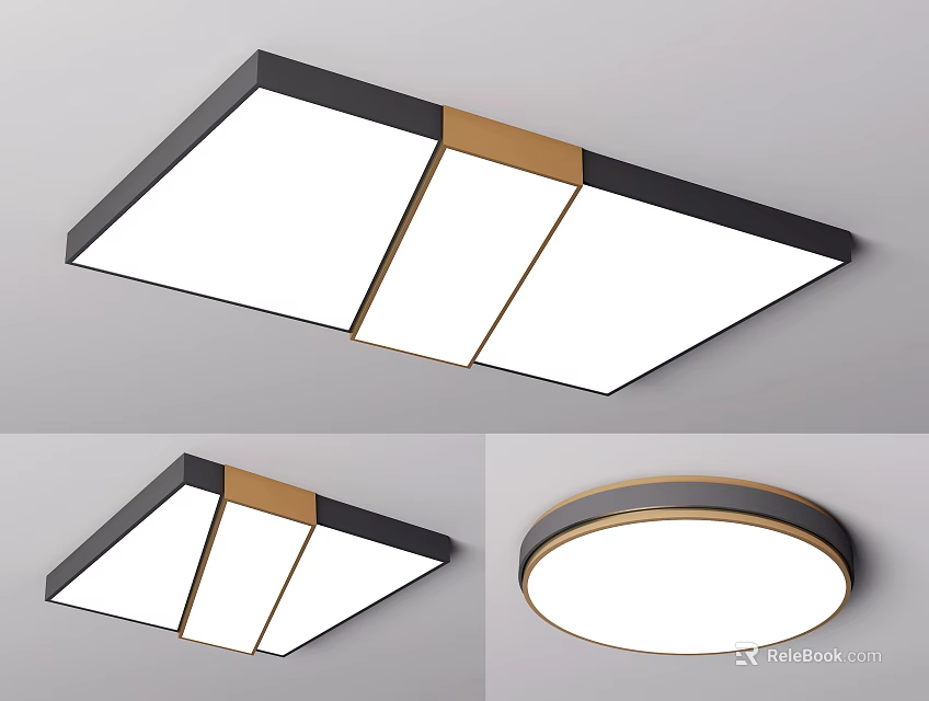 Modern Rectangular and Round Ceiling Lights with Black Frame Gold Accents and White Panels 3d model 