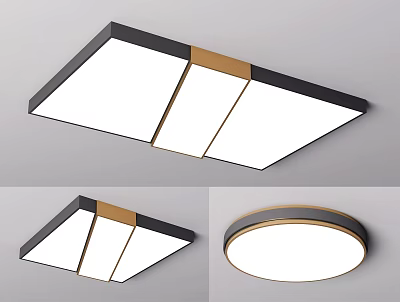 Modern Rectangular and Round Ceiling Lights with Black Frame Gold Accents and White Panels 3d model