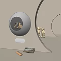 Modern Round Wall Mounted Fireplace With Wood Logs Inside Near Wooden Figurines On Minimalist Wall