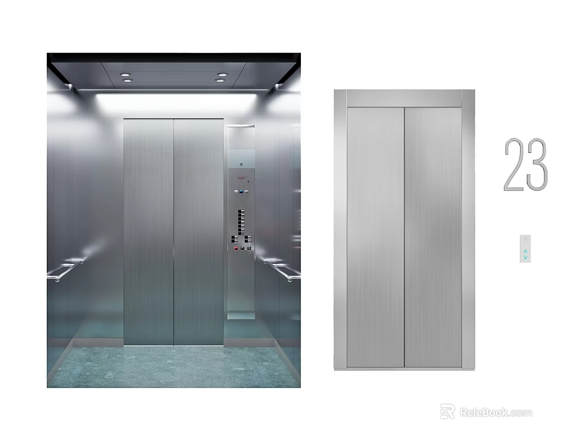 Silver Elevator Interior And Exterior With Control Panel Handrails And Floor Number 23 3d model
