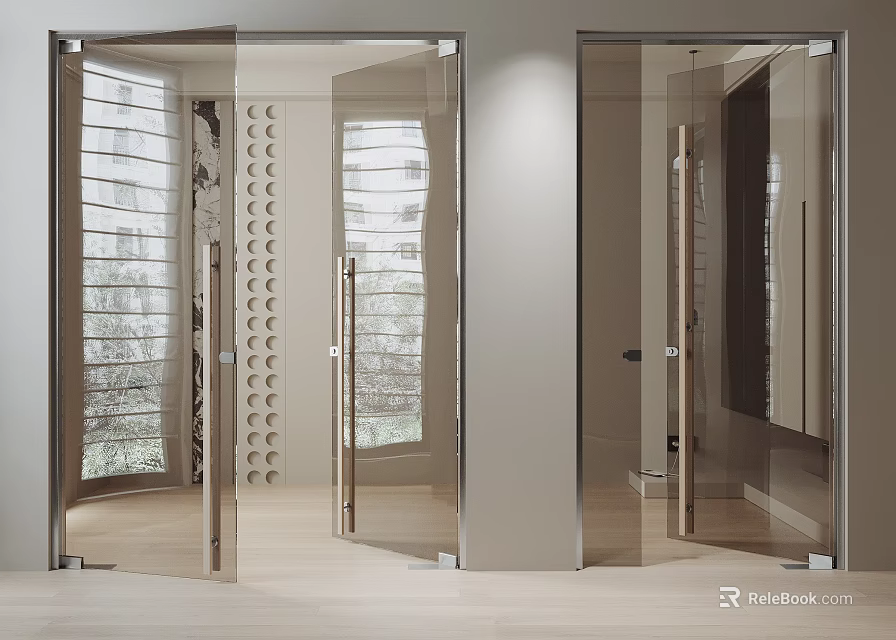 Modern Double Glass Doors with Metal Frame in Interior Light Wood Floor and Window View 3d model 
