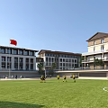 Campus School Buildings With Sports Field Clock Tower Running Track And Green Trees