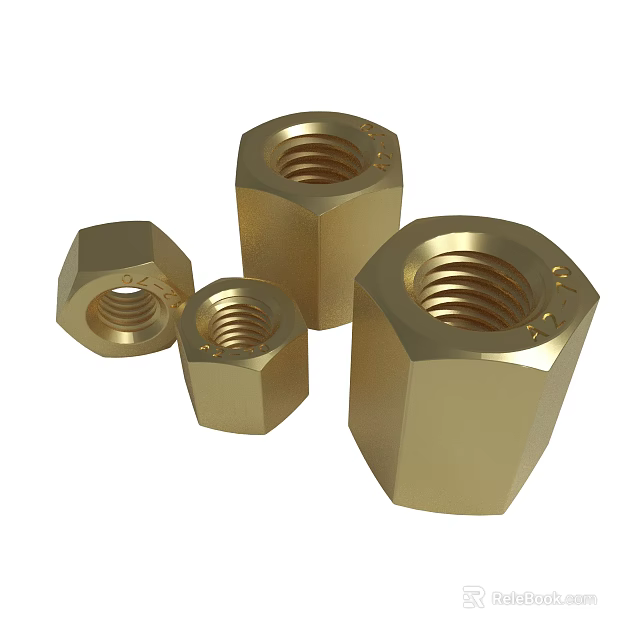 Golden Hexagonal Metal Nuts In Various Sizes For Mechanical Fastening 3d model