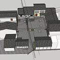 Traditional Japanese house exterior view with black roof yellow walls and stone steps