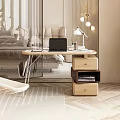 Modern Minimalist Desk With Wooden Top Desk Lamp Laptop White Chair And Drawer Cabinet