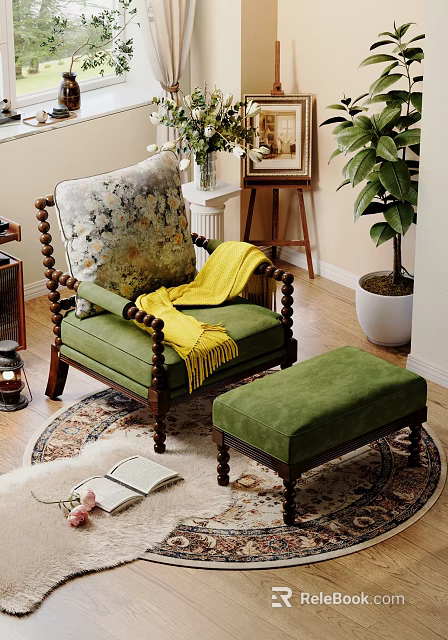 Green Casual Sofa Set with Floral Pillow Yellow Throw and Ottoman on Wooden Floor Rug 3d model 