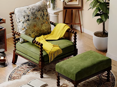 Green Casual Sofa Set with Floral Pillow Yellow Throw and Ottoman on Wooden Floor Rug 3d model