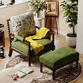 Green Casual Sofa Set with Floral Pillow Yellow Throw and Ottoman on Wooden Floor Rug