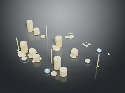 Decorative Candles In Various Sizes And Shapes With Accessories On Black Background 3d model