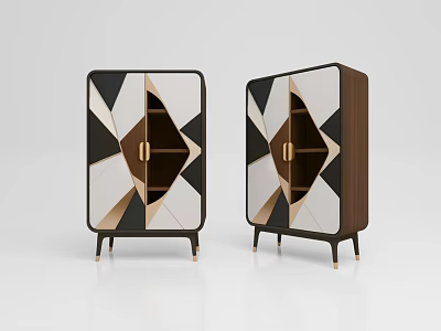 Modern Geometric Pattern Sideboard With Black White Brown Panels And Golden Handles 3d model