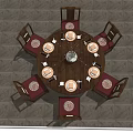 Round Dining Table Set With Six Chairs Red Cushions Vase Tableware And Gray Floor 3d model