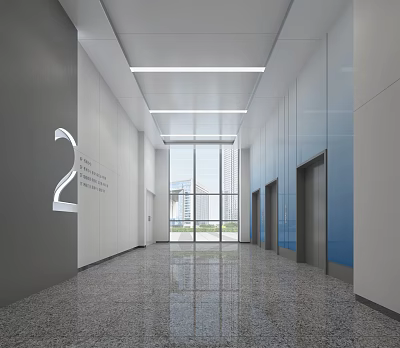 Modern Elevator Hallway Design With Ceiling Lighting Elevator Doors And Polished Floor 3d model
