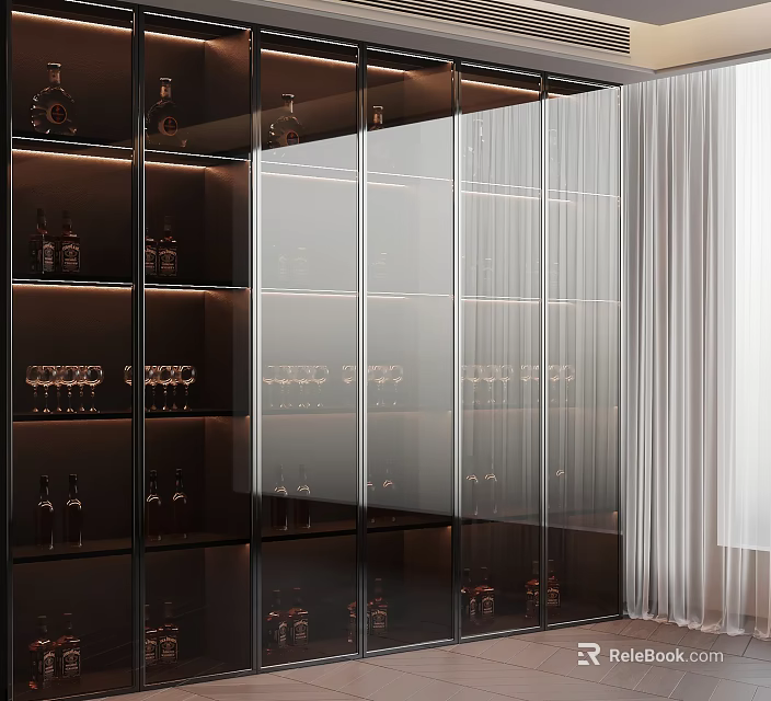 Modern Wine Cabinet With Glass Doors And Wine Bottles Glasses 3d model 
