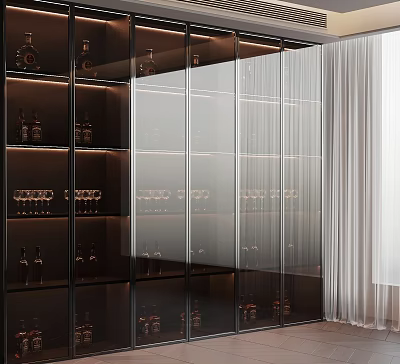 Modern Wine Cabinet With Glass Doors And Wine Bottles Glasses 3d model
