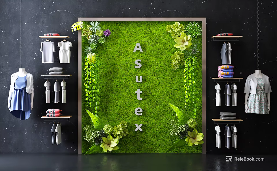 Living Plant Wall With ASutex Logo And Clothing Shelves In Retail Interior 3d model 