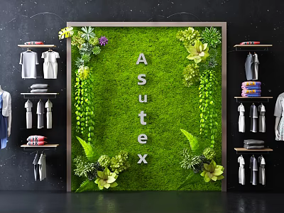 Living Plant Wall With ASutex Logo And Clothing Shelves In Retail Interior 3d model