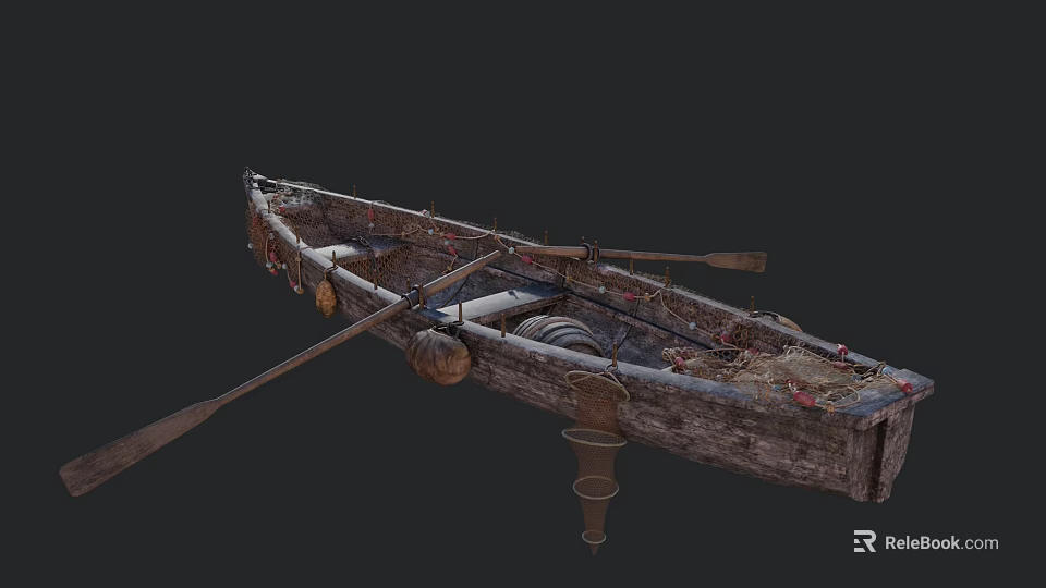 Old Wooden Boat With Weathered Hull Oars Rustic Buoys And Ropes 3d model 