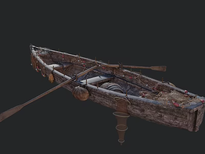 Old Wooden Boat With Weathered Hull Oars Rustic Buoys And Ropes 3d model