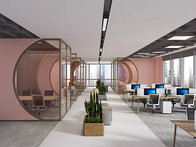 Modern Public Office Interior With Pink Walls Circular Glass Partitions Large Windows And City View 3d model