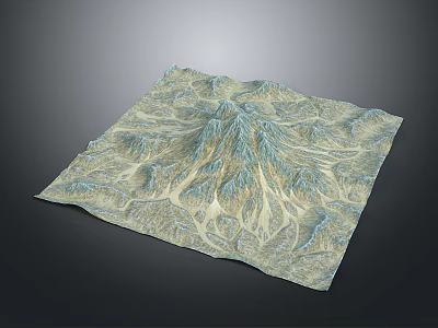 Scenic Landscape Terrain Model With Blue Green Beige Colors And Mountain Valley Patterns 3d model
