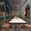 Modern Open Restaurant Interior With Fish Shaped Decorations Green Plants And Wooden Tables