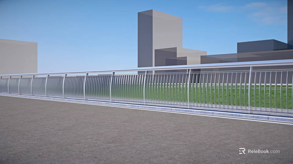 Modern Metal Railings Along Urban Road With Green Grass And Buildings 3d model 