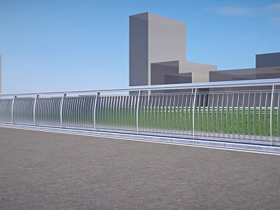 Modern Metal Railings Along Urban Road With Green Grass And Buildings 3d model