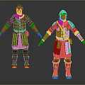 Two Armored Medieval Warrior Figures In Blue Red Armor With Golden Helmet And Ornate Belts