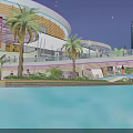 Nighttime Commercial Landscape With Curved Building Neon Lights Palm Trees And Waterfront Bridge