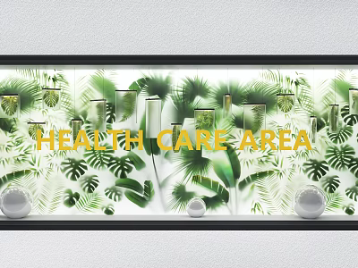 Health Care Shop Window Display with Tropical Green Leaves Clear Bottles and White Spherical Decorations 3d model