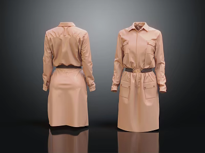 Light Pink Shirt Collar Long Sleeve Dress With Belt And Pockets 3d model