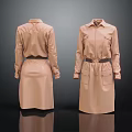 Light Pink Shirt Collar Long Sleeve Dress With Belt And Pockets