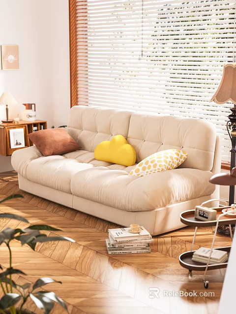 Beige Sofa with Brown Yellow Heart Polka Dot Pillows Wooden Floor Blinds Table Lamp 3d model 