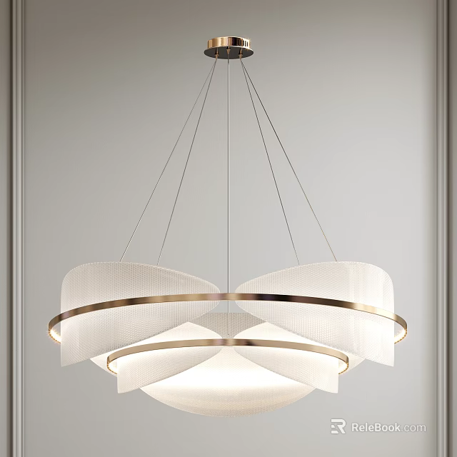 Modern Elegant Chandelier With White Layered Shade And Brass Circular Metal Frame Design 3d model 