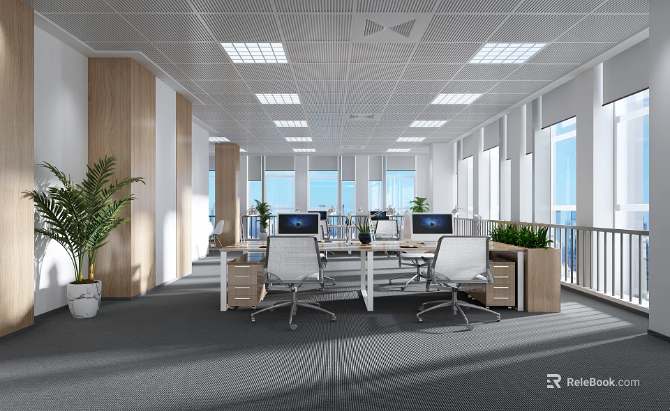 Modern Public Office Space Featuring Open Layout Desks Office Chairs Computers And Potted Plants 3d model 