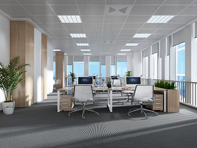 Modern Public Office Space Featuring Open Layout Desks Office Chairs Computers And Potted Plants 3d model