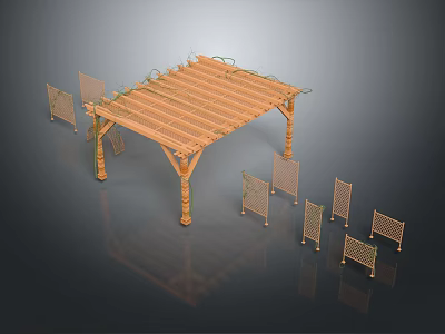 Wooden Pergola With Latticed Roof And Vines Decoration Plus Decorative Screens For Outdoor Garden 3d model
