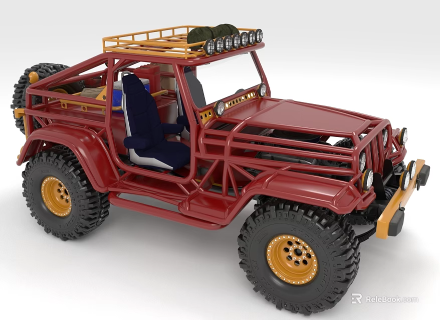Red Off Road Vehicle With Roof Rack Large Tires And Blue Seat 3d model 