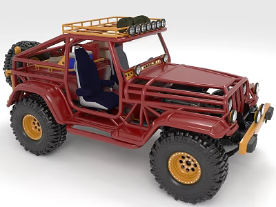 Red Off Road Vehicle With Roof Rack Large Tires And Blue Seat 3d model