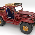 Red Off Road Vehicle With Roof Rack Large Tires And Blue Seat