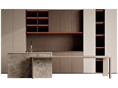 Modern Kitchen Interior With Marble Countertop Wooden Cabinets And Storage Shelves 3d model
