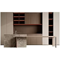 Modern Kitchen Interior With Marble Countertop Wooden Cabinets And Storage Shelves