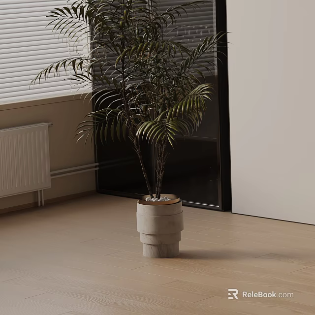 Palm Potted Plant In Marble Pot On Wooden Floor With Window Blinds And Radiator 3d model 