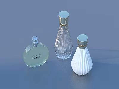 Stylish Perfume Bottles With Chanel Transparent Glass White Ribbed Design And Gold Cap 3d model
