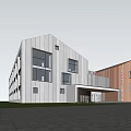 Modern School Building Exterior With White Wooden Structure Playground Greenery And Children Playing Outdoors