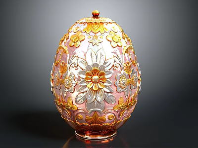 Ornate Decorative Egg With Gold Silver Floral Patterns And Pink Base Top Ornament 3d model